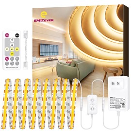 EMITEVER COB LED Strip Lights Kit Warm White with Remote & 24V Power Supply,16.4ft Dimmable Tape Light 3000K, High Density 2400LEDs, 300+LM/FT, CRI90+, UL Listed for Bedroom Kitchen Cabinet Lighting