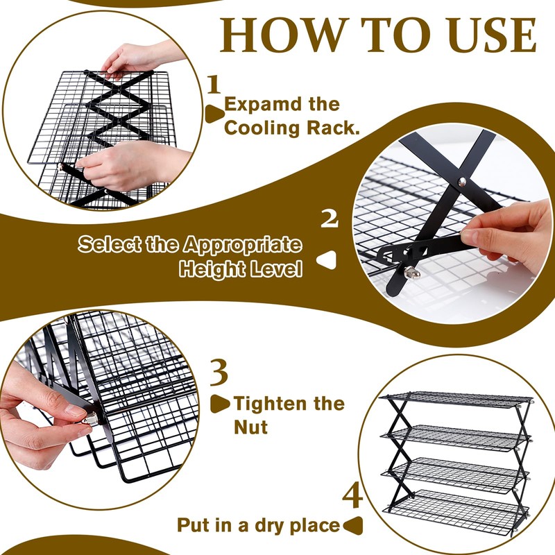 4 Tier Collapsible Cooling Rack, Adjustable Stackable Stainless Steel Baking