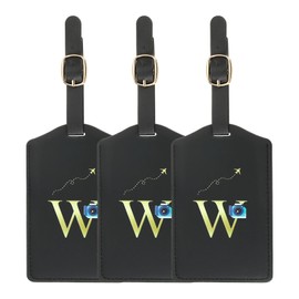 YELARXI Luggage Tags, Initial Letter Travel Luggage Baggage Labels PU Leather Waterproof for Privacy Protection ID Suitcase Identifier Backpack (3 Pack, Black W)