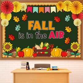 Fall Bulletin Board Decorations Fall is in The Air Classroom Decor with 3D Paper Fans Autumn Leaves Pumpkins Paper Cutouts for Class Office School Thanksgiving Harvest Chalkboard Wall Decor Supplies