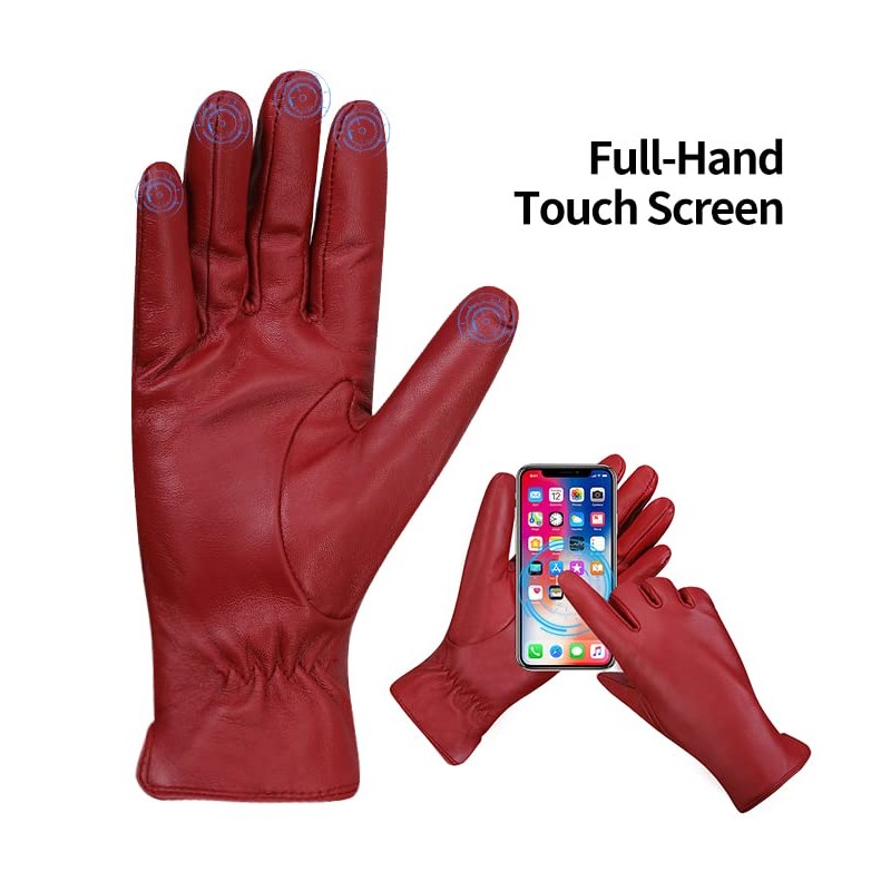 MGGMOKAY Women's Cashmere Lined Leather Gloves, Red (Thouchscreen), L