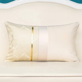 Alerfa 12 x 20 Inch Light Beige White Geometric Striped Gold Leather Patchwork Velvet Cushion Case Luxury Modern Lumbar Throw Pillow Cover Decorative Pillow for Couch Sofa Living Room Bedroom Car