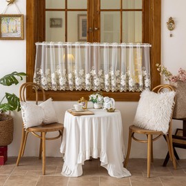 VOGOL Beige Sheer Lace Valance, Floral Embroidered Short Curtain for Kitchen Window, Grommet Rustic Farmhouse Window Topper for Bathroom & Living Room, W55 x L24, 1 Panel