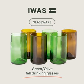 IWAS Upcycled Tall Drinking Glasses | 400 ML | 13.53 OZ | Set of 6 | Sustainable Water and Cocktail Glasses For Home | Environmentally Friendly Olive Green Glasses