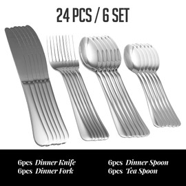 OVENTE 24-Piece Silverware Set Service for 6, Durable Stainless Steel Flatware Cutlery Utensil, Premium Tableware and Dishwasher Safe with Steak Dinner Knives, Fork, Spoon & Teaspoon, Silver FL20241CH