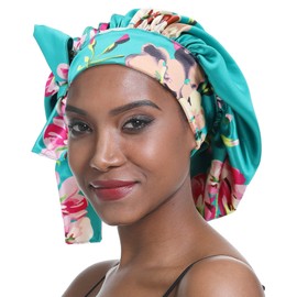 SENGTERM Satin Sleep Cap Double Layer Elastic Satin Bonnet Gorge Hat Wide Silky Band for Black Women with Long and Curly Hair, Green Flower