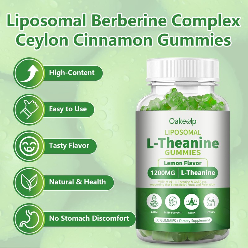 Oakevlp Liposomal L-Theanine 1200mg Gummies,Complex Magnesium GABA,5-HTP,Ashwagandha etc for Calm,