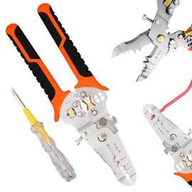 AOUZOVLI 9-in-1 Wire Stripping Tool with Screwdriver, Orange 10 in 1 Wire Stripper, Wire Stripper, Wire Stripper for Stripping, Coiling, Split and Crimping (with 1 Double-Sided Tester)