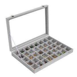Stratalife Jewelry Organizer 40 Grid Jewelry Tray with Lid Dust-proof Velvet Earring Organizer Ring Holder Necklaces Earrings Storage Drawer Accessories Box for Women Gray