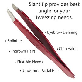 (Ruby Red) - Tweezers - Surgical Grade Stainless Steel - Slant Tip for Expert Eyebrow Shaping and Facial Hair Removal - with Bonus Protective Pouch - Best Tool for Men and Women (Ruby Red)