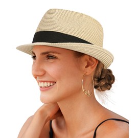 Creekstone Straw Fedora Sun Hat for Women Men Short Brim Panama Trilby Beach Hat Packable Summer Hat UPF 50+ (UK, Alpha, M, Beige)