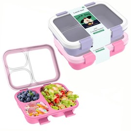 JXMXRPV Bento Box, Lunch Box with Lids, 3-Compartment Meal Prep Containers Reusable, Leakproof & Stackable, Food Storage Containers for Office, Travel (Wheat purple & pink) 2pcs