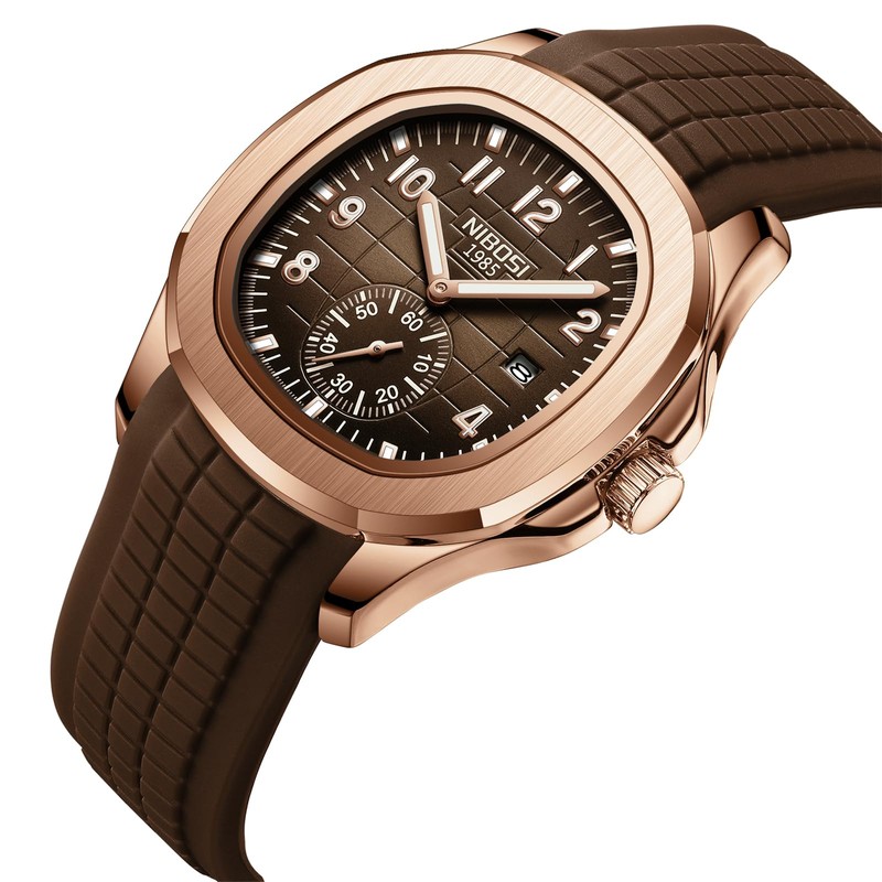 NIBOSI Men's Analog Watch, Brown Silicone Strap, Date Display