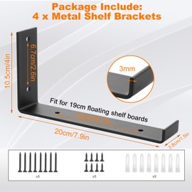 LOLYSIC 4Pcs Shelf Brackets, 200mm 8" Heavy Duty Scaffold Board Shelf Brackets with Lip, Wall Mounted Metal Floating Shelf Brackets Supports with Screws, Black