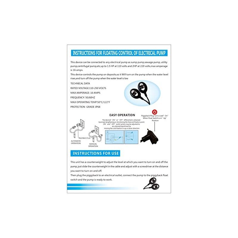 WILCHES PIGGYBACK FLOAT SWITCH WITH ADJUSTABLE COUNTERWEIGHT FOR SUMP PUMP,