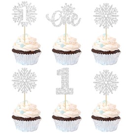 24 piezas de adornos de copos de nieve plateados con purpurina de copo de nieve de invierno para primer cumpleaños, decoraciones para tartas de primer cumpleaños para el país de las maravillas de invierno para niños y fiestas de primer cumpleaños