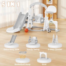 67i Toddler Swing and Slide Set 6 in 1 Baby Slide Kids Slide Indoor Swing Slide Set for Toddlers Age 1-3 with Basketball Frame and Ball and Extra Long Slide for Boys Girls Indoor Outdoor (Grey White)
