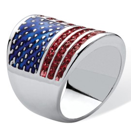 PalmBeach Silvertone Round Simulated Red Ruby and Enamel American Flag Ring Sizes 5-10 Size 10