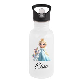 Personalisierte Trinkflasche Kinder Edelstahl [ 400ml ] - Robuste Trinkflasche mit Namen und Prinzessin mit Einhorn - Wasserflasche mit Trinkhalm