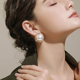 Inateannal Boho Large White Pearl Stud Earrings - Big Round Freshwater Pearl Bridal Disc Drop Earrings