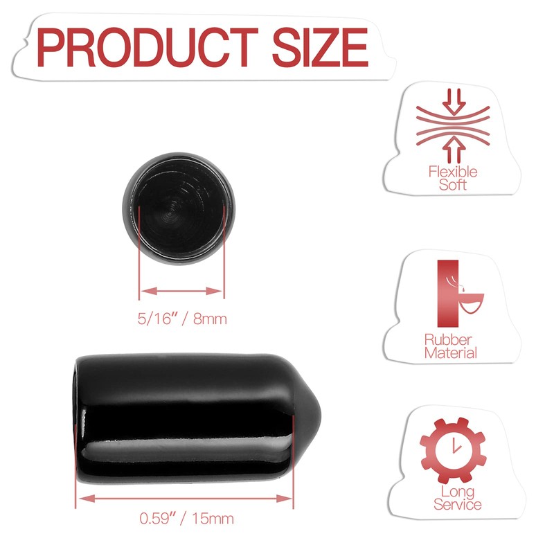 Jamiikury 60PCS Black Rubber Screw Caps, 8mm ID, Flat Head,