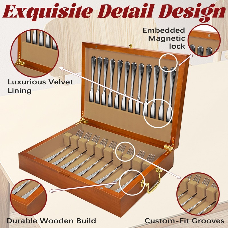 Silverware Storage Box Solid Wood with Lid, Silverware Organizer with