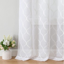 Bujasso White Sheer Curtains Embroidered Geometric Light Filtering Curtain Panels for Living Room Bedroom Modern Moroccan Window Treatment Set Voile White Drapes Grommet Top W38 xL95 x2