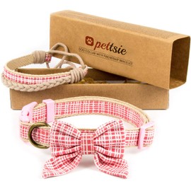 Pettsie Dog Collar Bow Tie & Owner Friendship Bracelet, Adjustable Size Small & Medium, Durable, Soft, Pet-Friendly Hemp with Fancy Cotton Pattern, Strong D-Ring for Easy Leash Attachment