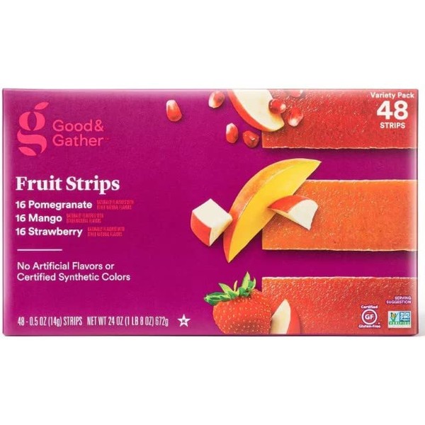 Fruit Strips Pomegranate, Mango and Strawberry Fruit Leathers Healthy Snack Made with Real Fruit Puree Concentrate Good and Gather Variety Pack 48 Strips