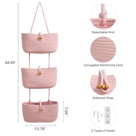 TeoKJ Over the Door Hanging Baskets with Button Strap, 3-Tier Woven Cotton Storage Organizer Bag, Wall-Mounted with Hook Decorative Hanging Nursery Baskets - Pink