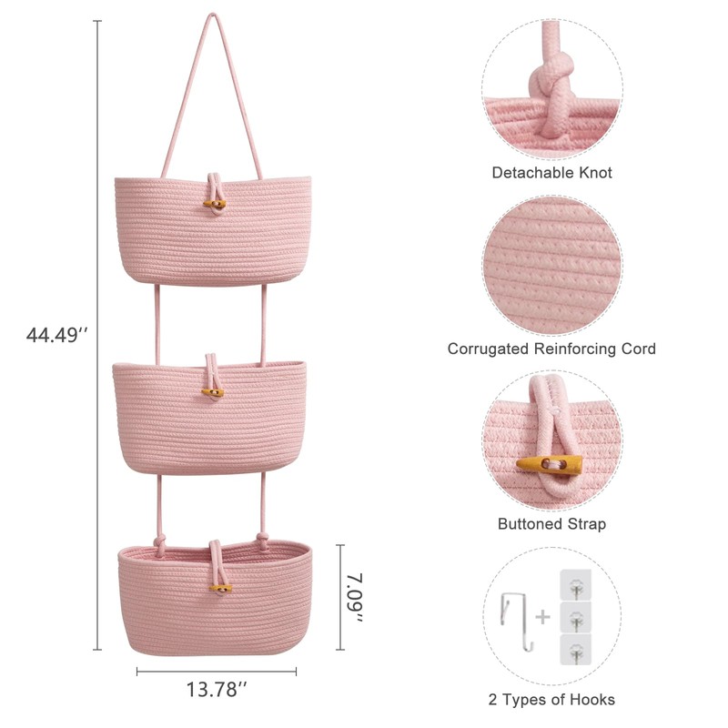TeoKJ Over the Door Hanging Baskets with Button Strap, 3-Tier