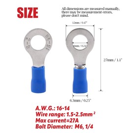 Hilitchi 100Pcs 16-14AWG Insulated Terminals Ring Electrical Wire Crimp Connectors (Blue, M6)