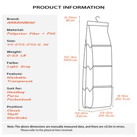 AARAINBOW 1 Pack Hanging Handbag Purse Organizer, Bags Organizor for Purse 8 Pockets Wardrobe Closet Space Saving Handbag Storage, 44.5L x 13.5W (B-Light Gray)