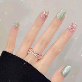24Pcs Light Green Press on Nails Cat Eye Fake Nails Short Square Acrylic Nails with Rhinestone Design Glossy False Nails Glitter Press on Nails for Women Girls Stick on Nails Spring Summer Manicure
