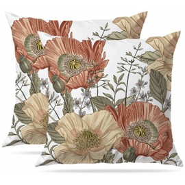Set of 2 Vintage Flower Throw Pillow Covers 18x18 Inches Brown Rust Colored Floral Botanical Pattern Decorative Pillows Outdoor Farmhouse Cushion Case Country Pillowcase for Sofa Bed Room Decor