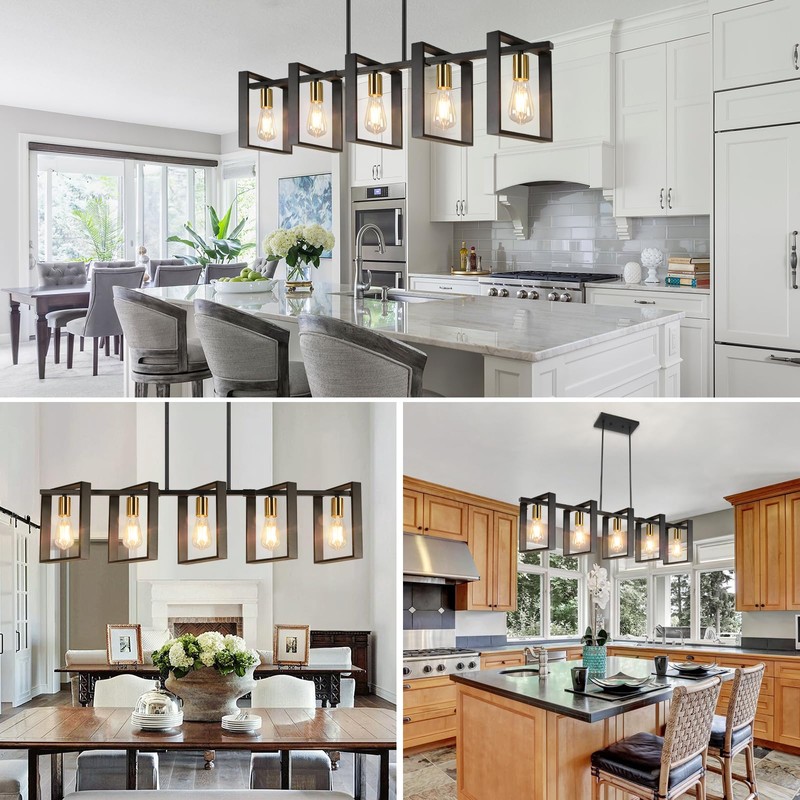 5-Light Black Gold Dining Room Light Fixture, 53’’ Farmhouse Wood