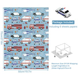 Birthday Wrapping Paper for Boys, Kids, Men, Transport Design, Gift Wrapping Paper for Birthday, Baby Shower, Red Fire Engines, Police Car, Ambulance, Helicopter, 6 Sheets Flat Folded