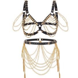 Navoky Goth Leather Body Chain Set Punk Black Plus Size Bra Harness Women Gold Metal Layered Waist Chains Costume Jewelry Accessories