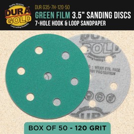 Dura-Gold Premium 120 Grit 3.5" (90mm) Green Film Sanding Discs, 7-Hole Pattern, Box of 50 - Fits Festool RO 90 Rotex Hook & Loop Backing Sandpaper for Random Orbital Sander, Auto Paint Wood Furniture