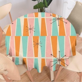 Mid Century Tablecloth, Modern Orange Blue Pink Geometric 1950s Boho Atomic Pattern Table Cloth for Holiday Home Picnic Party Wedding Buffet Parties Camping, Round(50x50in)