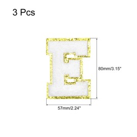 MECCANIXITY Chenille Letters E Patches Large Size 80mm/3.15 Inch Iron-on Letters E Patches Golden Glitter Embroidered Patches for Clothing, Shoes, Hats, Backpacks Pack of 3(White)
