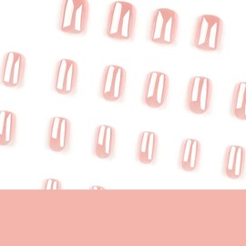 Nude Chrome Press on Nails Short Square Fake Nails Glazed Nails Press ons with Design Reusable Artificial Nail Full Cover Stick on Nails for Women Manicure 24Pcs