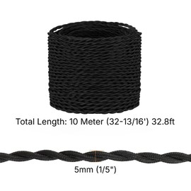 LEDSONE 10 Meters Vintage Braided Cable 2 Core Black Antique Twisted Woven Silk Lighting Cable Flexible Fabric Wire, DIY Electrical Cord - 33ft 18AWG 0.75mm Twin and Earth Black Flex Wire
