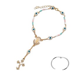 LCWLJL Car Rosary for Rearview Mirror,Evil Eye Rearview Mirror Auto Rosary Beads Car Medal and Cross Hanging Accessories for Mirror Interior Decors for Women Men