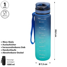 Cepewa Sports Water Bottle 1000 ml PET PP PE 7.5 x 28 cm Green Blue Colour Gradient Sports Water Bottle Hand Strap Strainer BPA-Free (Green/Blue, 1000 ml)