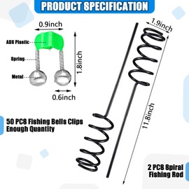 Gemscream 50 Pcs Fishing Bells Fishing Alarm Bells Plastic Fishing Rod Clips with Dual Alert Bells and 2 Pcs Spiral Rod Holder Fishing Bells for Rods Fishing Support Stand Holder Set