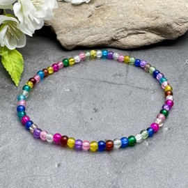 Colourful Crackle Glass Bead Anklet on Elastic - Handmade Multi-Colour Design : Small/Medium 9.5 inches - 4mm Beads in Fresh Summer Colours