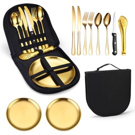Sternstunde Camping Tableware, Camping Tableware Set for 2 People, 13 Pieces, Portable and Durable Stainless Steel Outdoor Tableware for Outdoor, Camping, Picnic, BBQ and Hiking (Gold)
