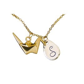 Large Gold Paper Crane Initial Necklace, Crane Jewelry, Origami Paper Crane Charm, Japanese Necklace, Friendship Gift, Symbol or Hope Jewelry