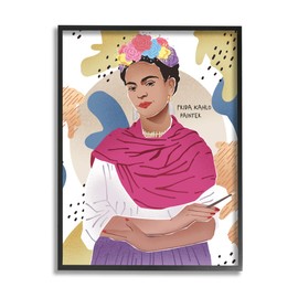 Stupell Industries Frida Posing with Paint Brush Abstract Round Pattern, Designed by Ziwei Li Black Framed Wall Art, 24 x 30, Multi-Color
